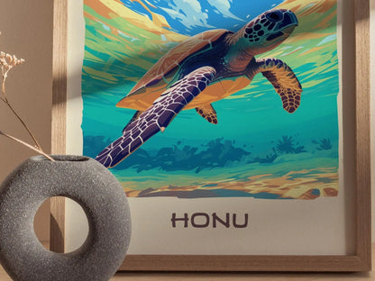 Honu, Hawaiian Green Sea Turtle Framed Wall Art | Hawaii Wildlife Poster Design Print Maui Oahu Kauai Big Island Home Decor Vacation Gift