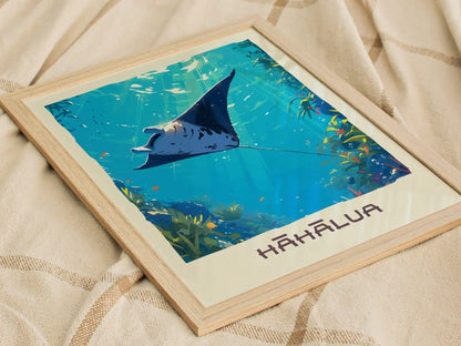 Hahalua, Hawaiian Manta Ray Framed Wall Art | Hawaii Wildlife Poster Design Print Maui Oahu Kauai Big Island Home Decor Vacation Diver Gift