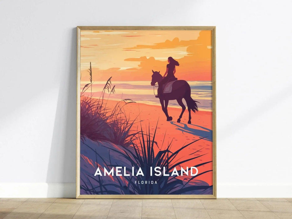 Amelia Island, Florida Framed Wall Art - Jacksonville FL Beach House Minimal Poster Design Travel Print Sea Oats Horse Riding Home Decor Set - Swell Scenes