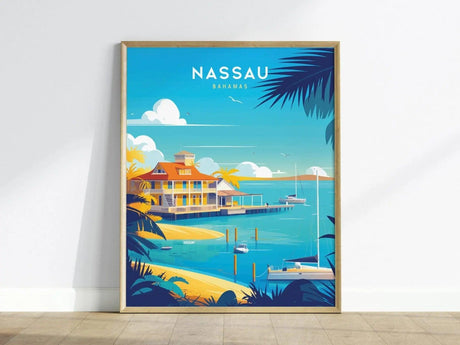 A vibrant poster of Nassau, Bahamas, featuring a picturesque seaside scene with colorful buildings, palm trees, and turquoise waters.