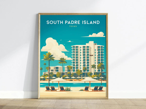 A framed poster of South Padre Island, Texas, features a vibrant coastal scene with tall palm trees, a modern hotel, and beach chairs overlooking the turquoise ocean.