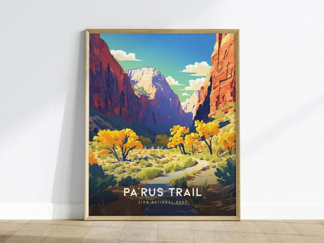 A vibrant poster featuring the Parus Trail in Zion National Park, showcasing colorful cliffs and trees with golden foliage under a bright blue sky.