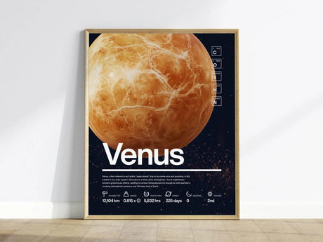A framed educational poster of Venus features a close-up image of the planets surface, showcasing its orange.