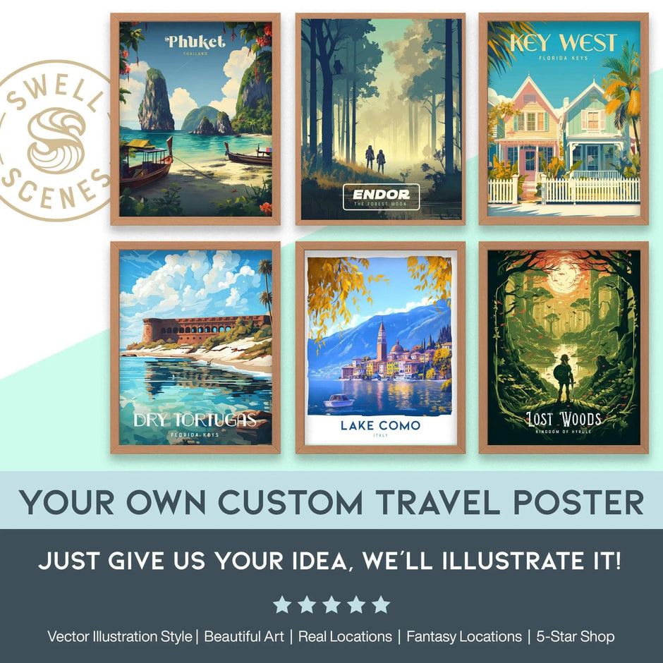 Your Custom Travel Poster, Custom Personalized Travel Illustration, Birthday, Anniversary Gifts, Honeymoon Gifts, Airbnb Decor Wall Art - Swell Scenes