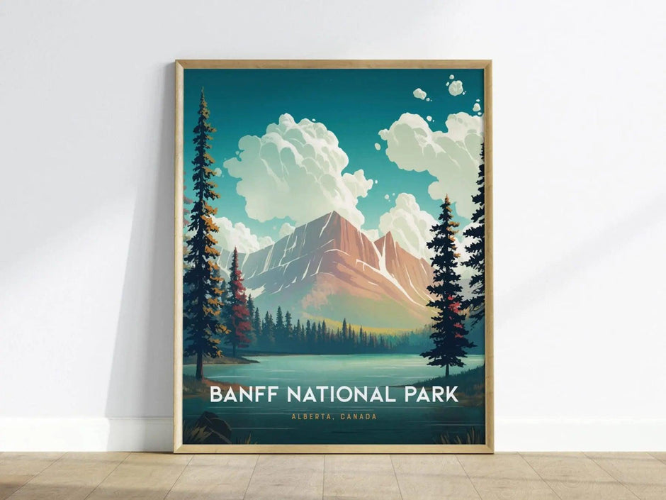 Banff National Park Travel Poster, Banff Canada Poster, Canada National Parks Travel Wall Art Print, Custom Travel Poster, Airbnb Wall Decor - Swell Scenes