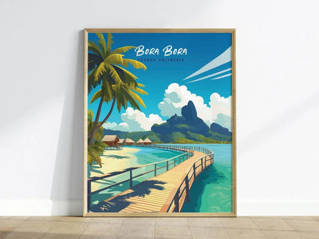 A vibrant travel print of Bora Bora featuring a wooden walkway leading to overwater bungalows, surrounded by lush palm trees and turquoise waters.