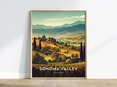 A framed travel poster of Sonoma Valley showcasing rolling vineyard hills under a serene sky. The artwork features warm earth tones, lush grapevines, and distant mountains, capturing the tranquil beauty of Californias wine country.