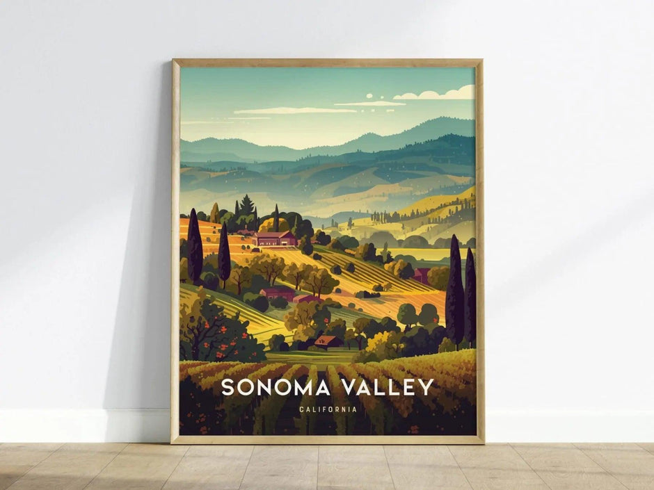Sonoma Valley Framed Travel Poster, California Wall Art, Sonoma Poster, Travel Winery Vineyard SoCal Home Gift Decor, Airbnb Wall Decor - Swell Scenes