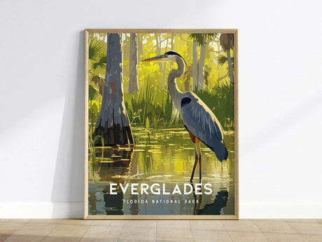 Framed poster of a heron in the Everglades with 'Everglades Florida National Park' text.
