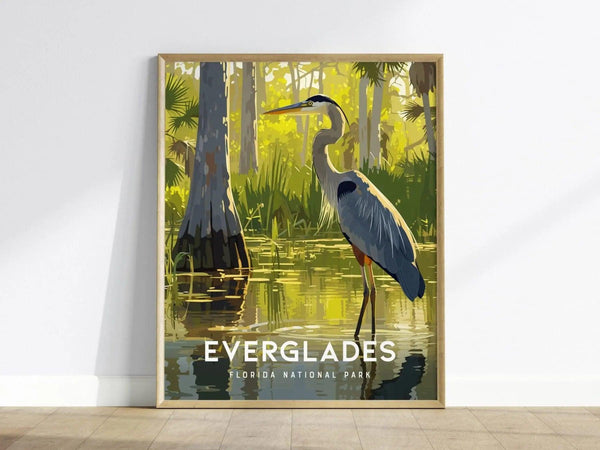 Framed poster of a heron in the Everglades with 'Everglades Florida National Park' text.