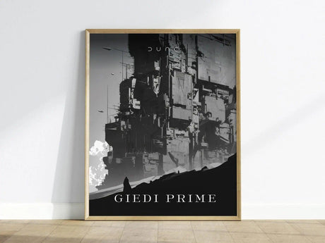 Framed poster of a futuristic cityscape with 'Giedi Prime' text on a white wall.