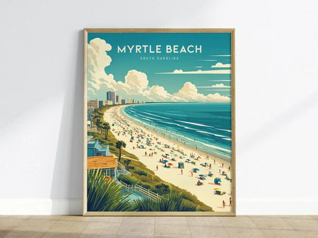 Myrtle Beach poster with wide sandy shoreline gentle surf and coastal skyline