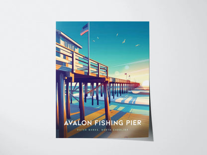 Outer Banks Avalon Fishing Pier Framed Travel Poster, Avalon Fishing Pier Wall Art, OBX North Carolina Kill Devil Hills Poster, Airbnb Decor