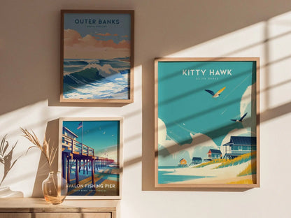 Kitty Hawk Outer Banks Framed Travel Poster, Kitty Hawk Beach Wall Art, OBX North Carolina Kitty Hawk Poster, Atlantic Coastal Home Decor