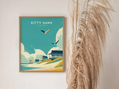 Kitty Hawk Outer Banks Framed Travel Poster, Kitty Hawk Beach Wall Art, OBX North Carolina Kitty Hawk Poster, Atlantic Coastal Home Decor