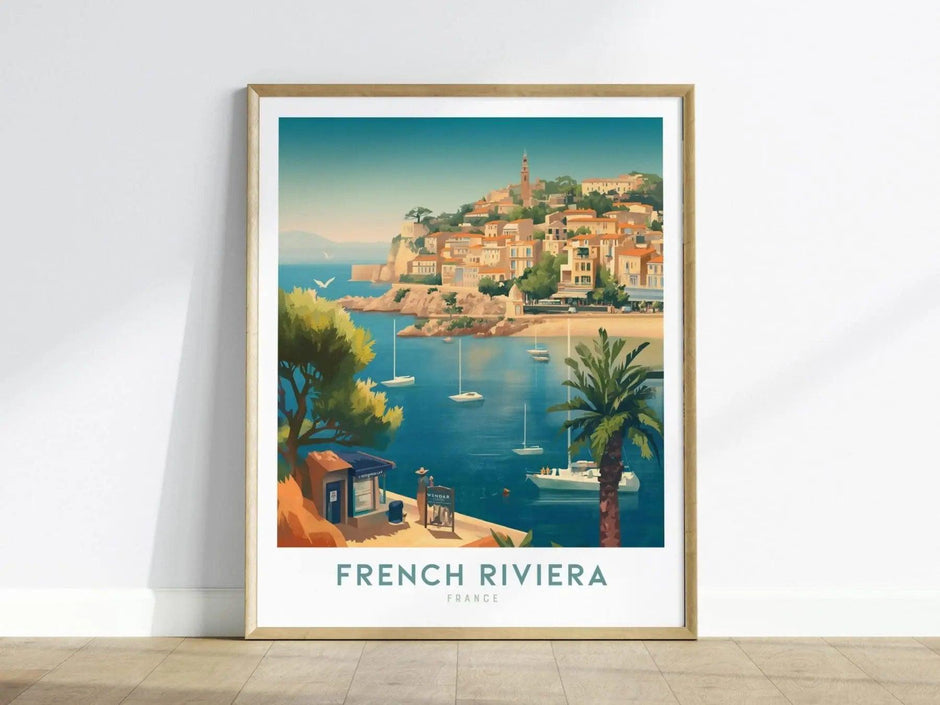 French Riviera Framed Wall Art Travel Print, Côte d&#39;Azur Poster Print, Côte d&#39;Azur Coastline Wall Art, Sailing and Travel Art, Home Decor - Swell Scenes