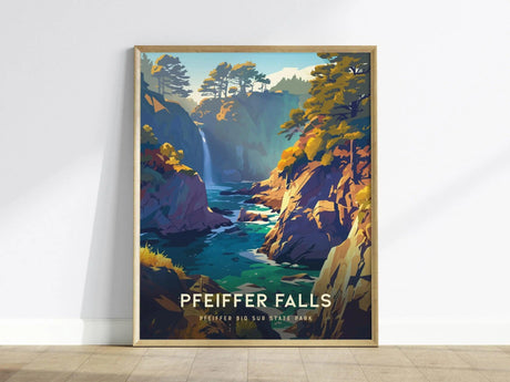 A framed poster of Pfeiffer Falls showcases a vibrant, stylized depiction of a waterfall cascading through a rocky canyon, surrounded by lush trees and colorful foliage.
