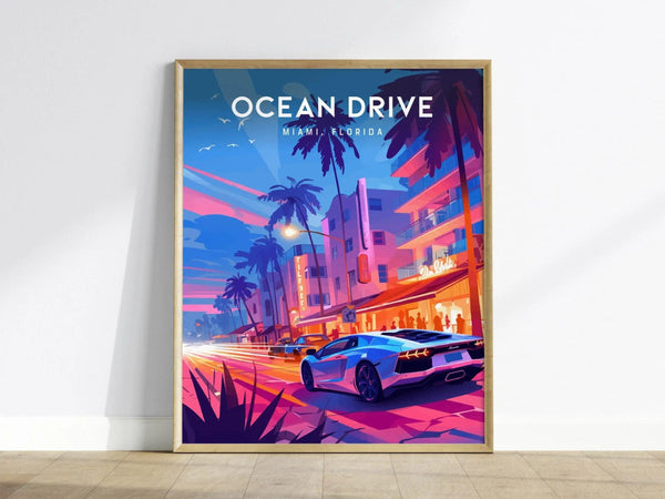 A framed poster of Ocean Drive in Miami, Florida, featuring vibrant neon colors, palm trees, and a sleek sports car. The artwork captures the lively ambiance of a tropical night scene.