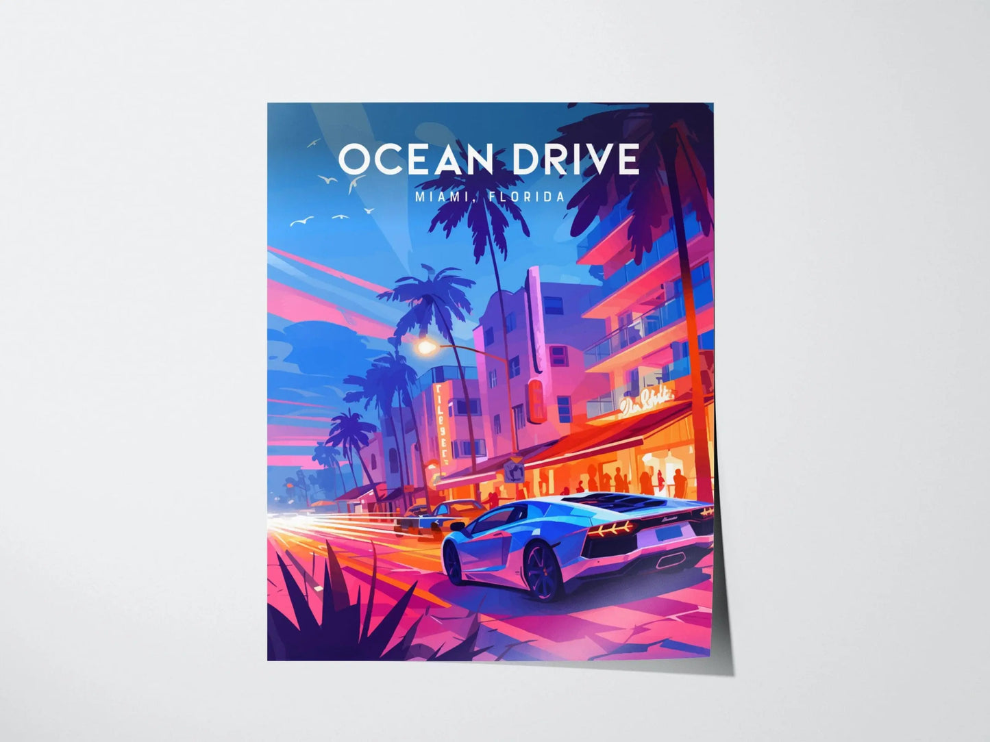 Ocean Drive, South Beach, Miami, Florida Framed Wall Art - Night Life Lamborghini FL Minimal 80s Style Poster Design Travel Print Home Decor