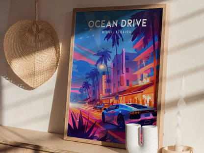 Ocean Drive, South Beach, Miami, Florida Framed Wall Art - Night Life Lamborghini FL Minimal 80s Style Poster Design Travel Print Home Decor