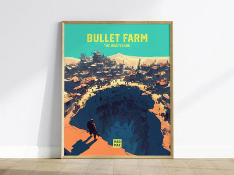 Framed artwork titled Bullet Farm The Wasteland depicts a stylized desert scene with a large crater and scattered structures under a bright sky. A lone figure stands at the edge, emphasizing the barren landscape.