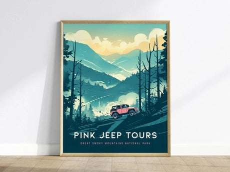 A framed poster features a pink jeep navigating through a stylized depiction of the Great Smoky Mountains, with lush trees and layered mountain peaks under a colorful sky. The text reads Pink Jeep Tours at the bottom.