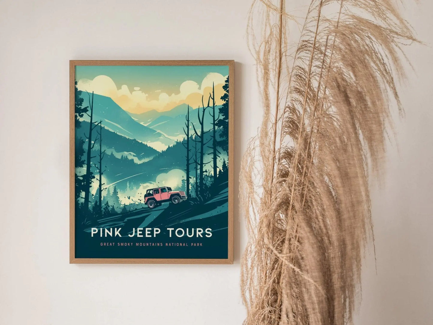 Pink Jeep Tours at Great Smoky Mountains National Park Framed Travel Print, Great Smoky Mountain National Park Travel Poster, Pink Jeep Art