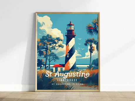 The image shows a framed poster of the St. Augustine Lighthouse with a bold black and white spiral design. Surrounded by palm trees and a vibrant sky, the artwork captures a vintage travel style. Text reads St Augustine Lighthouse, Florida.