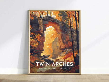 Twin Arches poster featuring Big South Fork Tennessee largest natural arches in eastern US with autumn foliage hiking art