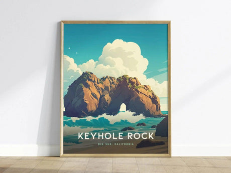 A vibrant poster features the iconic Keyhole Rock at Big Sur, California, showcasing a beautifully illustrated arch surrounded by rocky cliffs and waves under a bright blue sky with fluffy clouds.