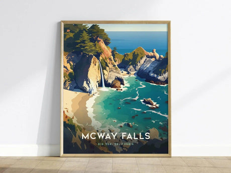 A framed poster of McWay Falls in Big Sur, California, depicts a waterfall cascading into a turquoise cove with surrounding cliffs and lush greenery, set against a minimalist background.