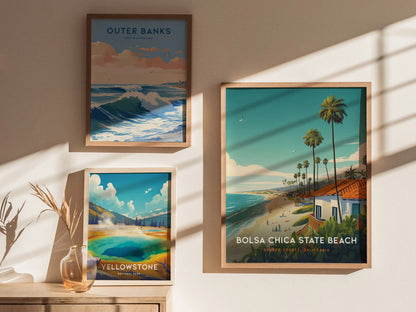 Bolsa Chica State Beach Framed Travel Poster, Orange County California Wall Art, Huntington Beach Poster, Pacific Coastal Home Airbnb Decor