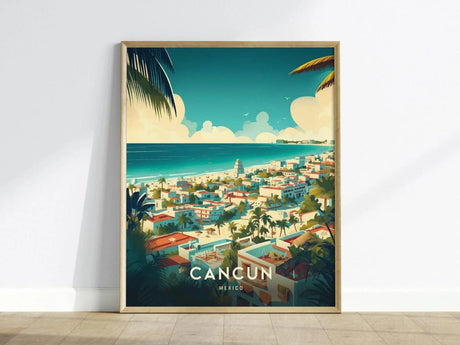 A vibrant poster of Cancun, Mexico, showcases a scenic view of the coastline with colorful buildings, palm trees, and a bright blue sky. The artwork features stylized waves and the text “CANCUN MEXICO” prominently at the bottom.
