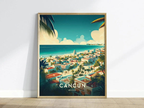 A vibrant poster of Cancun, Mexico, showcases a scenic view of the coastline with colorful buildings, palm trees, and a bright blue sky. The artwork features stylized waves and the text “CANCUN MEXICO” prominently at the bottom.