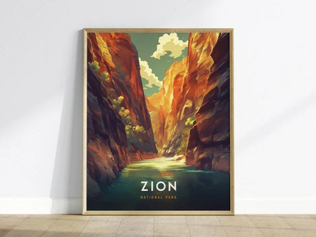 Framed poster depicting a vibrant scene of Zion National Parks The Narrows, with towering red rock cliffs and a serene river under a partly cloudy sky.