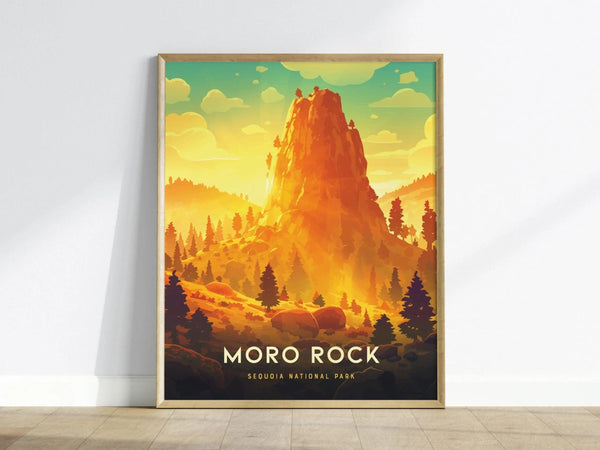 Moro Rock poster with granite dome forested foothills and Sierra sky