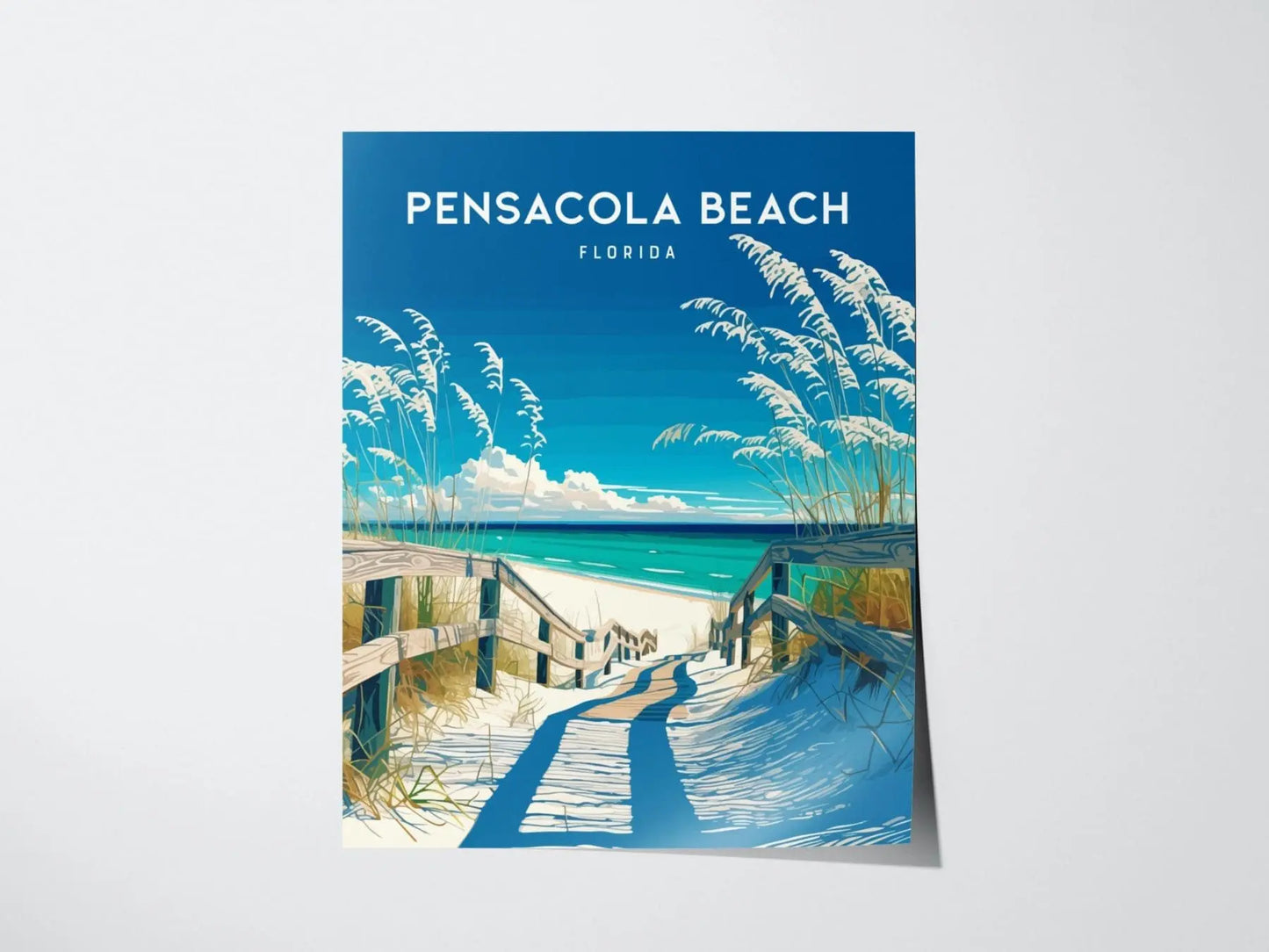 Pensacola Beach, Florida Framed Wall Art - FL Panhandle Beach House Minimal Poster Design Travel Print Sea Oats Boardwalk Home Decor Set