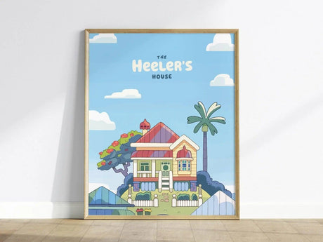 A colorful poster of a whimsical house with a red roof, palm tree, and vibrant garden, framed against a clear blue sky with fluffy clouds.