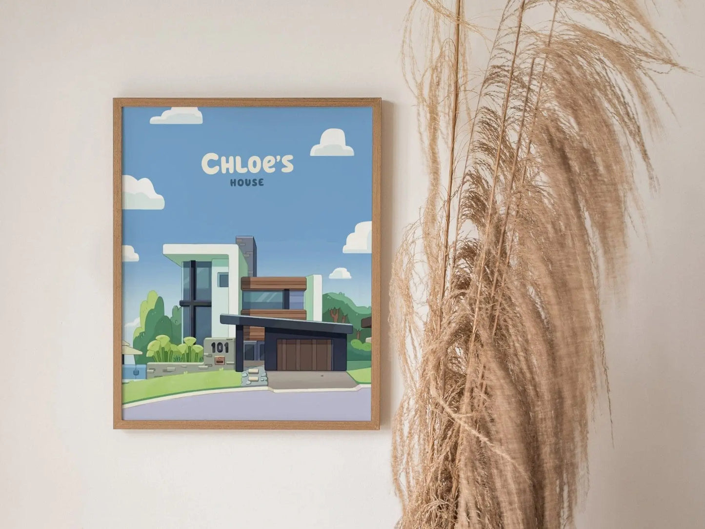 Bluey Chloe&#39;s House Framed Poster, Chloe&#39;s House Decor for Kids Room, Bluey Nursery Print, Bluey Wall Decor, Chloe&#39;s House Gift Wall Art