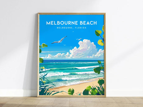 A vibrant poster featuring Melbourne Beach, Florida, showcases a bright blue sky with fluffy clouds and gentle ocean waves lapping against a sandy shore. Lush green foliage frames the scene, adding to the coastal aesthetic.