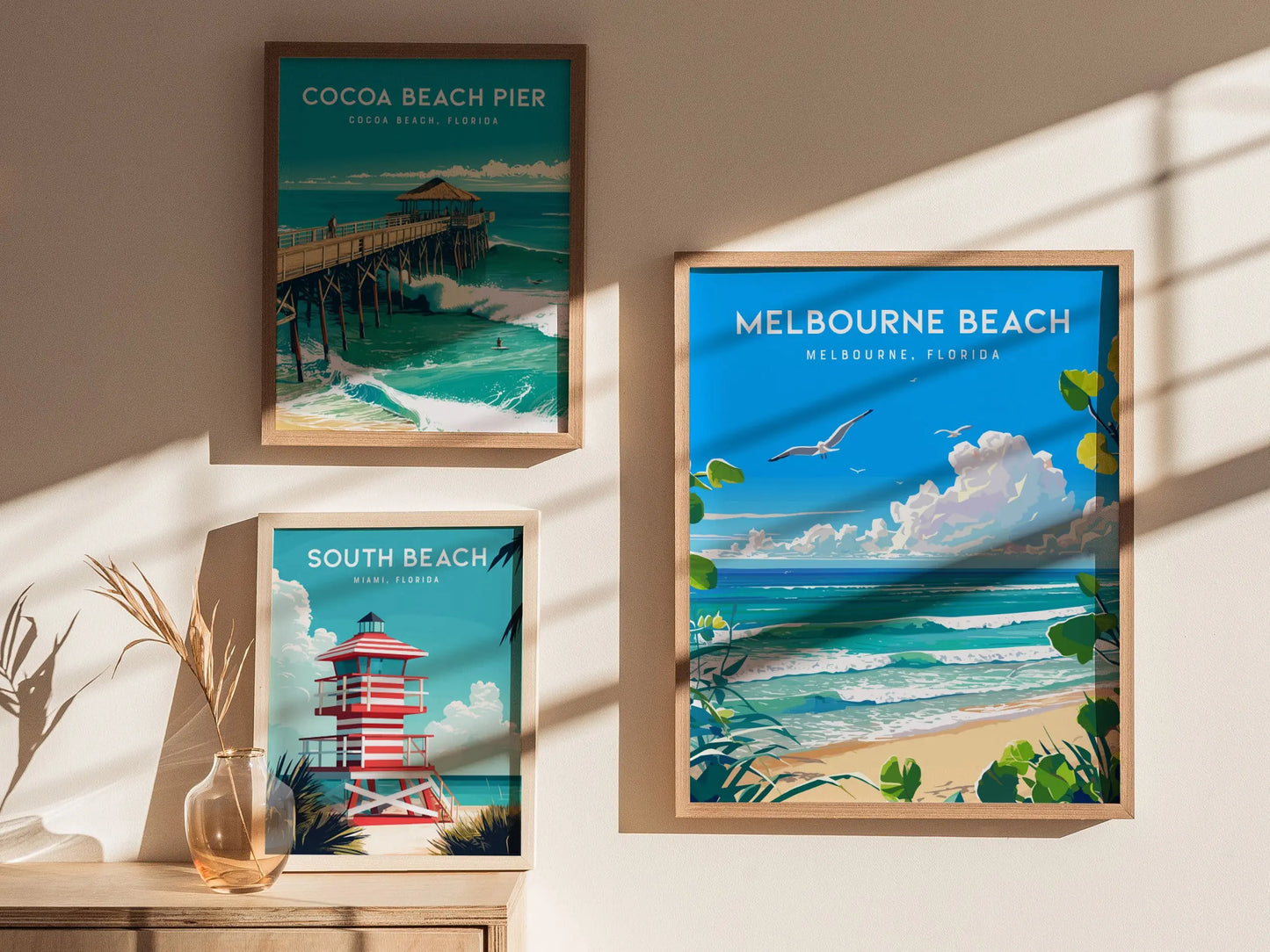 Melbourne Beach, Melbourne, Florida Framed Wall Art - Space Coast Beach House Surf Poster Travel Print Surfer Gift Fishing Home Decor Set