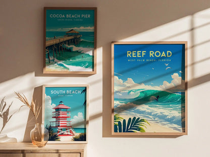 Reef Road, West Palm Beach, Florida Framed Wall Art - Surfing Wave Beach House Barrel Surf Poster Travel Print Surfer Gift Home Decor Set