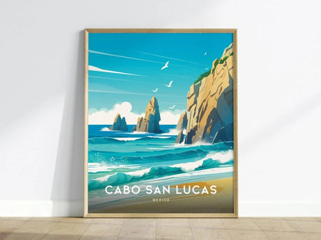 A vibrant illustration of Cabo San Lucas features dramatic rock formations and turquoise waters under a bright blue sky.