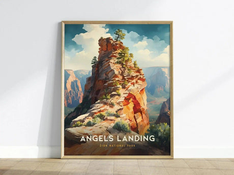 A vibrant art print of Angels Landing in Zion National Park features a dramatic sandstone rock formation adorned with greenery, set against a backdrop of majestic canyons and a bright blue sky.