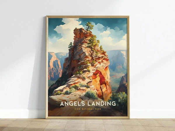 A vibrant art print of Angels Landing in Zion National Park features a dramatic sandstone rock formation adorned with greenery, set against a backdrop of majestic canyons and a bright blue sky.