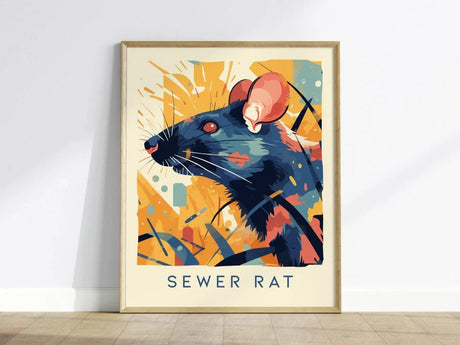 A vibrant poster featuring a stylized illustration of a sewer rat, showcasing its prominent ears and expressive eyes against a colorful, abstract background.