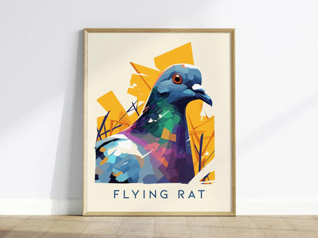 A vibrant, modern vector-style portrait of a pigeon, featuring a colorful geometric design in shades of blue, green, and purple.
