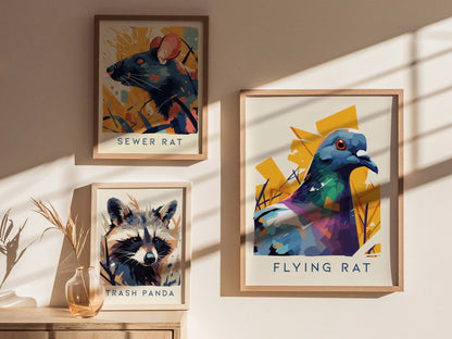 Flying Rat, Urban Wildlife Series, Pigeon Framed Wall Art - City Bird Collection Poster Design Print Funny LA NYC Statement Decor Gift Set