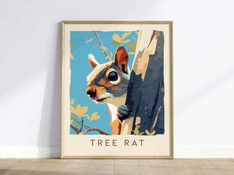 A vibrant poster featuring a stylized gray squirrel peering around a tree trunk, with leaves in the background. The artwork is framed and set against a light wall, showcasing the playful nature of urban wildlife.