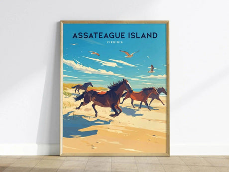 A framed poster features wild horses galloping along a sandy shoreline under a vivid blue sky with seagulls flying. The text reads Assateague Island Virginia.